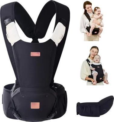 Produktbild von Famanu Babytrage mit Hüftsitz und Polsterung Schwarz - geborene bis Kleinkind X-Serie mit 2 Beißpads