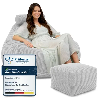 Immagine prodotto di Dreamroots Bean Bag, Puff 90x90x100 cm, pouf con imbottitura, pouf con poggiapiedi, pouf con copertura, sacchi per sedersi, Cool Grey