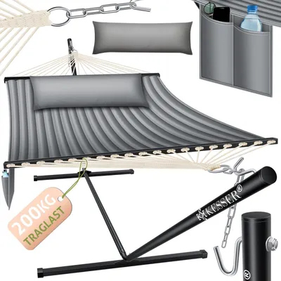 A hammock with a stand and accessories, displayed on a white background.