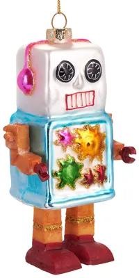 A glass robot ornament on a white background.
