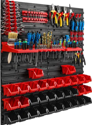Zdjęcie produktu dla System magazynowy Regał warsztatowy | 78 x 78 cm | 32 szt. Pudełko | Regał ścienny z uchwytami na narzędzia i pojemnikami do układania w stosy - Płyty ścienne Bardzo wytrzymały regał z pojemnikami Regał warsztatowy Regał garażowy