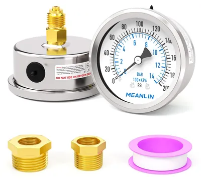 Imagen del producto de Manómetro seco, de acero inoxidable, rango de 0 a 14 bar / 0 a 200 PSI, conexión de 1/4" BSP, hermético, para bombas de agua