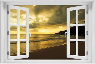 Produktbild von Wallario Wandbild mit Fenster-Illusion: Badestrand auf den Malediven - Stille am Abend, Größe: 61 x 91,5 cm, Poster mit weißem Aluminiumrahmen