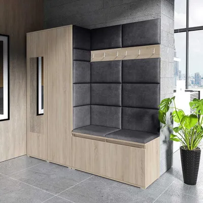 Produktbild von Garderoben-Set "CLEO", Moderner Kleiderschrank mit Polsterplatten und Schuhschrank – Ideal für Flur und Eingangsbereich (Sonoma Eiche, Trinity 16)