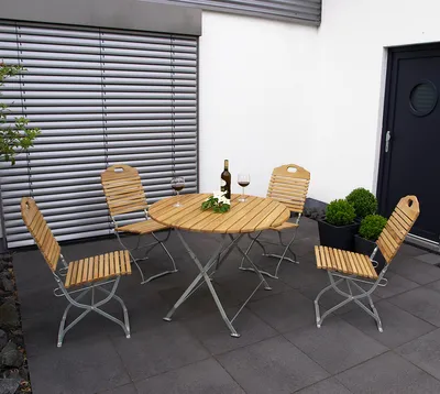 Produktbild von DEGAMO Gartenset Sitzgruppe Gartenmöbelset im Kurgartendesign BAD TÖLZ 5-teilig mit Tisch rund, Flachstahl verzinkt + Holz Robinie, klappbar