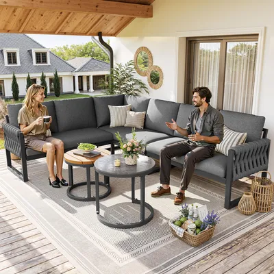 Produktbild von L-förmige Outdoor-Sofagarnituren für 5–6 Personen, modulares Lounge-Set mit Kissen, Terrassenmöbel-Sofagarnitur mit verzinktem Eisenrahmen
