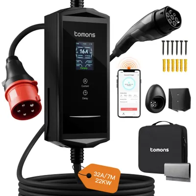 Produktbild von tomons Mobile Wallbox 22kw mit APP 7M,2,4" LCD-Display,3-Phasen|6-32A, Typ 2 Ladekabel | 400V CEE Stecker | IP65 | alle Typ-2 EV/PHEVs