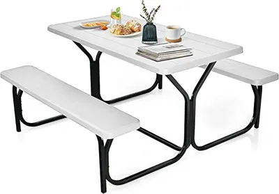 Produktbild von GOPLUS Bierzeltgarnitur 137 x 70 cm Campingtisch mit 2 Bänken, Picknick Sitzgarnitur HDPE & Metallgestell, Gartensitzgruppe 4 Personen, Outdoor
