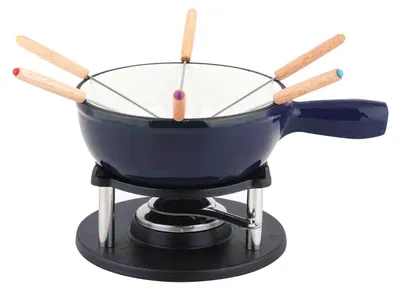 A fondue set with a dark blue pot and six fondue forks on a black stand with a burner underneath.