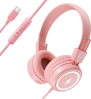 Image de avec lumières LED pour l'école,Upgrade USB Type C Kid Casque avec microphone, contrôle du volume 85/94dB,filaire pour garçon/fille/tablette/voyage