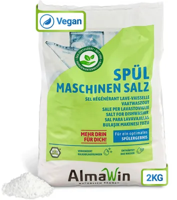 Produktbild von AlmaWin® Spülmaschinen Salz [2kg] zum Schutz vor Kalkablagerungen & Wasserflecken - Geschirrspüler Salz für optimale Spülergebnisse - Regeneriersalz, Spezialsalz - 100% Natürlich,  & VEGAN