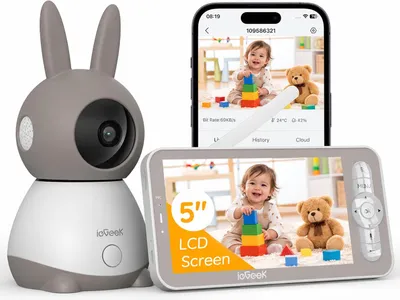 Zdjęcie produktu dla ieGeek Babyphone 2K: Monitor dla dziecka z ekranem 5", Wi-Fi, aplikacja, obracana kamera (PTZ), panoramiczny obraz 360°, noktowizor, 4-krotny zoom, wykrywanie ruchu i dźwięku, czujnik temperatury i wilgotności, dwukierunkowa komunikacja