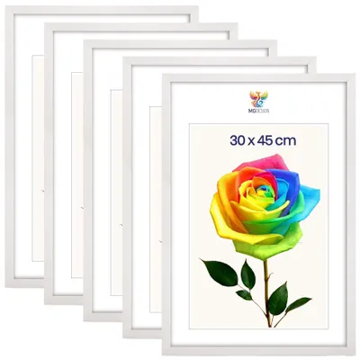 Produktbild von MG Design 5er Set Bilderrahmen 30 x 45 cm - Posterrahmen mit Weiß Echtholzrahmen und bruchsicherem Acrylglas, Hoch & Quer mit stabiler Wandaufhängung