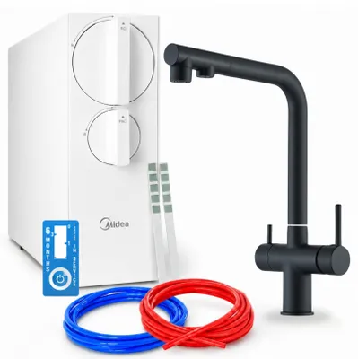 Zdjęcie produktu dla Bateria kuchenna z filtrem wody, system osmozy odwrotnej 800 GPD, 3-drożna, z wylewką wysuwaną, wykonana z mosiądzu, z ceramiczną głowicą, w matowym czarnym kolorze, z aeratorem, bateria dwuuchwytowa