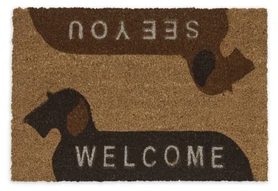 Image de Tapis d'entrée Relaxdays en fibre de coco, « Welcome », « See You », motif chien, 60 x 40 cm, paillasson d'intérieur et d'extérieur, tapis de porte antidérapant, couleur naturelle