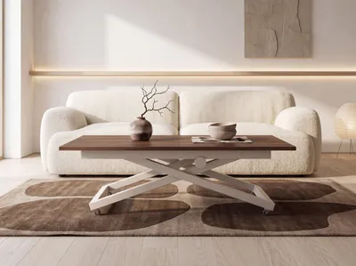 Produktbild von Couchtisch Höhenverstellbar Ausziehbar – Wohnzimmertisch & Esstisch mit Rollen, X-Metallgestell in Kaschmir – 120 x 80 cm bis 160 x 80 cm – Nussbaum Braun