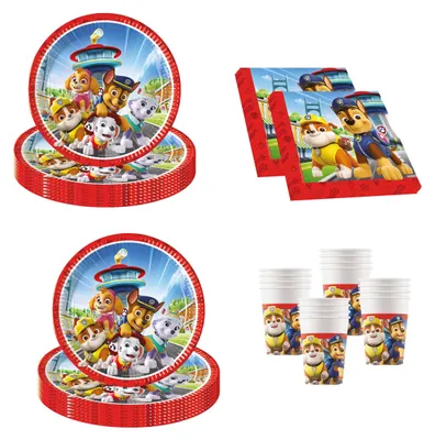 Immagine prodotto di Set per feste Paw Patrol, 52 pezzi di stoviglie usa e getta per feste di compleanno per bambini e feste a tema, decorazioni per la tavola