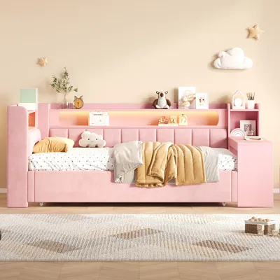 Obrázek produktu pro MODFU denní lůžko 90x200 až 180x200 cm s výsuvnou postelí, denní lůžko s LED osvětlením a USB portem, čalouněné lůžko se stolem a policemi, bez matrace, růžová barva