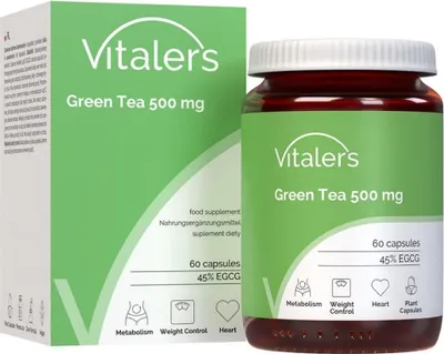 Image de Thé vert Vitaler's 500 mg – 60 gélules, approvisionnement pour 2 mois, végétalien, sans conservateurs, composition pure