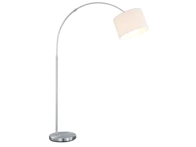 A modern arc floor lamp with a white fabric shade and a silver metal base and pole.