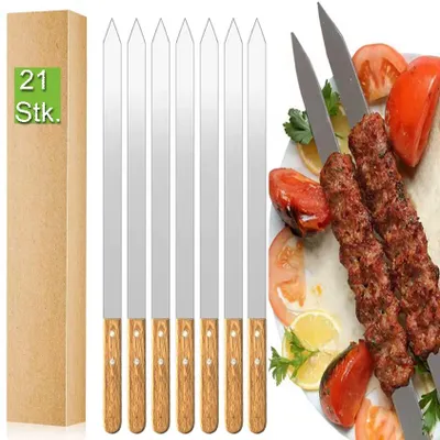 Produktbild von 21 Stück Premium Edelstahl Grillspieße 60 cm – Flache BBQ Kebab Spieße 23 mm breit & 2 mm stark – Rostfrei X6Cr13 Edelstahl mit Holzgriff