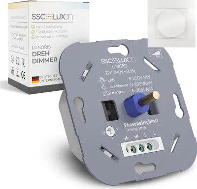 Produktbild von SSC-LUXon LUNORIS Universal Drehdimmer Unterputz 5-250W LED Halogen – Phasenabschnitt Dimmer 230V für Unterputzdose 60mm Abdeckung weiß