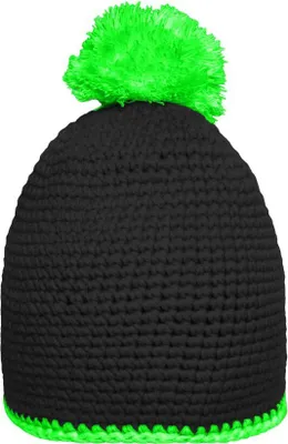 Produktbild von Häkelmütze mit Kontrastrand und Pompon black/neon-green, Gr. one size