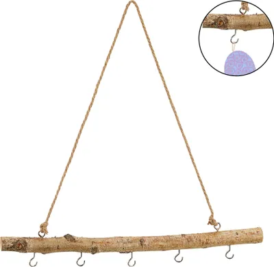 Produktbild von Deko-Holzstange 50 cm mit 5 Metallhaken DIY Birkenholz Dekostange Fensterdeko Deko Holz Stange zum Hängen mit Haken und Kordel Hängeast Treibholz Hänger Deko Zweige Türdeko Türhänger Fensterdeko Fensterhänger Türhänger