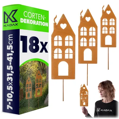 Produktbild von KADAX Gartenstecker Häuser aus Cortenstahl, 18er Set, Rost Deko für Garten, Edelrost Gartendekoration zum Stecken, Metall Roststecker, rostige Gartendeko