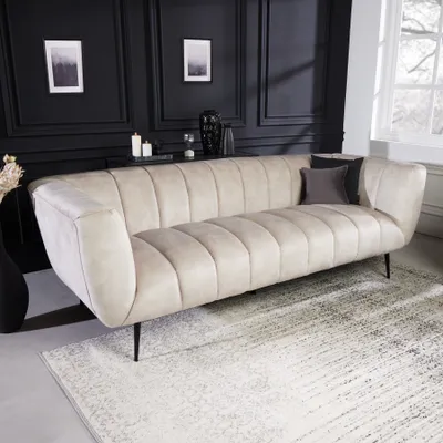 Produktbild von Retro 3er Sofa NOBLESSE 225cm champagner Samt 3-Sitzer mit Ziersteppung