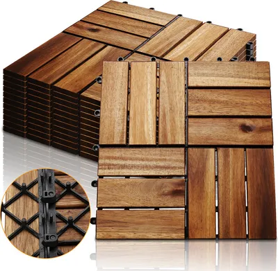 Zdjęcie produktu dla Jiubiaz 2m² drewniane płytki mozaika drewno akacjowe 44 sztuki 30x30 cm płytki balkonowe płytki ogrodowe płytki tarasowe do ogrodu taras balkon