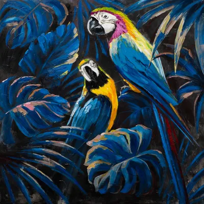 Produktbild von Fine Asianliving Wandkunst Leinwanddruck 100x100cm Blaue Papageien in der Liebe Handverschönert Giclée Handgefertigt