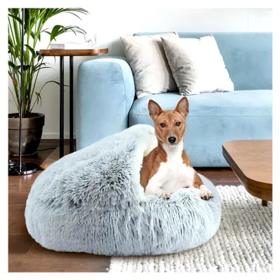 Produktbild von Katzenbett, Katzennest, Haustierbett, kleines Hundebett, waschbar, flauschig, rund, weich, Katzenschlafplatz für Katzen, rutschfester, wasserdichter Boden (Grau, 60 x 60 cm)