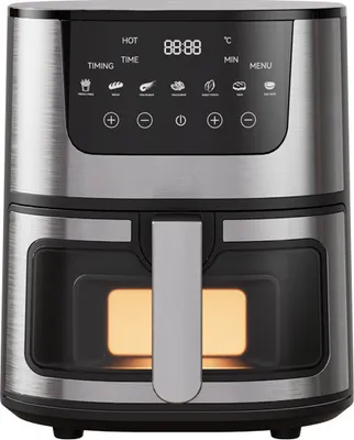 A modern stainless steel and black air fryer with a digital display and illuminated interior.