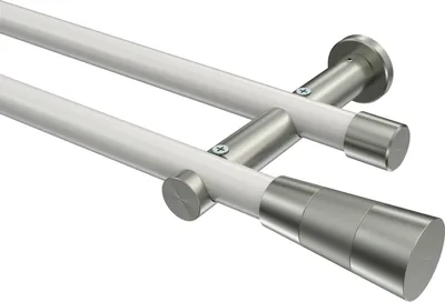 Produktbild von Interdeco Gardinenstange / Vorhangstange Weiß / Edelstahl-Optik, Typ Platon Tanara (Konus Bicolor) ohne Ringe, 20 mm Ø 2-läufig, 260 cm