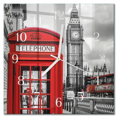 Produktbild von Tulup Glasuhr Wanduhr Küchenuhr Echt-Glas 30x30 cm Modern Dekorativ Geräuschlos Weiße Zeiger - Rote Telefonzelle