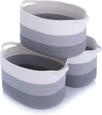 Produktbild von Unyqoos® Set mit 3 Aufbewahrungskörben aus Baumwollseil, XL geflochten, groß 38 x 24 x 23 cm, Grau, Bad- & Kinderzimmer-Organizer