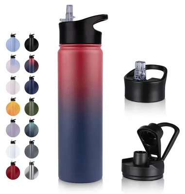 Obrázek produktu pro Omgoods – Izolovaná láhev na vodu – 750 ml s dvěma víčky (brčkem a hubičkou) – nerezová ocel, dvojitá stěna, bez BPA