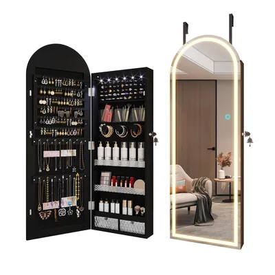 Produktbild von LVSOMT LED Schmuckschrank mit 360° Drehfunktion, 3-stufigem Regal und abschließbarem Stauraum, Eleganter Organizer für Schmuck und Accessoires