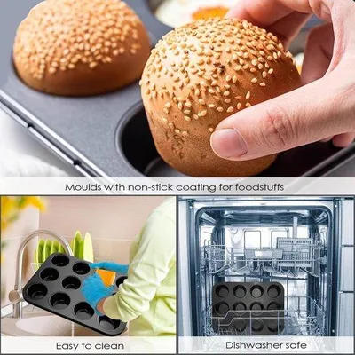 Produktbild von Unyqoos® Muffinbackform 2er-Set – Kohlenstoffstahl, antihaftbeschichtet, 35×26×3,5 cm, 12 Mulden (Ø7ר5×3 cm), hitzebeständig bis 220°C