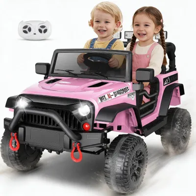 Produktbild von 12V Elektro Kinderfahrzeug Kinderauto Jeep mit Tür, 2x Motoren, mit Fernbedienung, LED Lichts, eingebauter Musik, Bluetooth-Verbindung, Pink