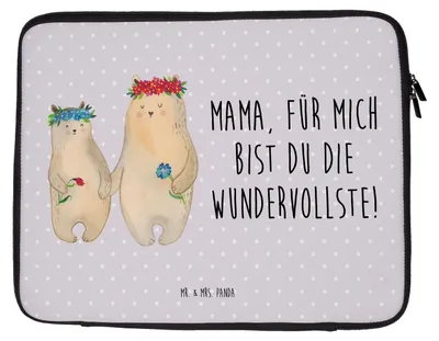 Produktbild von Mr. & Mrs. Panda Tasche Laptop Bären mit Blumenkranz 33 x 42 cm - Grau Pastell - Geschenk, Mutter, Familie, Laptoptasche, Muttertag, Hülle, Laptophülle, Case, Kinder