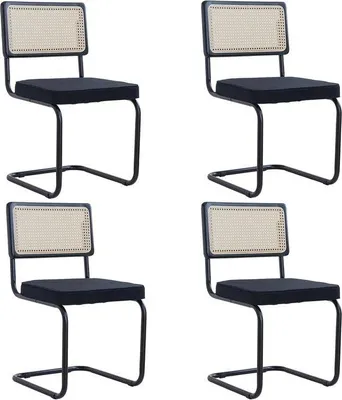 Productafbeelding van Famanu Essstoelen, set van 4 - Stijlvolle stoelen met een rotan rugleuning en een fluwelen bekleding