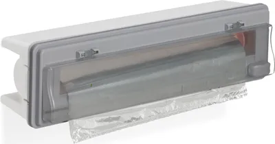 Produktbild von Relaxdays Folienschneider Küche, Folientrenner für Alu- & Frischhaltefolie, Folienspender Schublade & Wand, grau/weiß