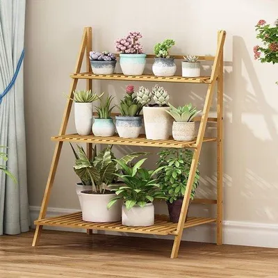 Obrázek produktu pro Bambusový stojan na květiny – 3 patra – pro vnitřní i venkovní použití – 70 x 40 x 96 cm