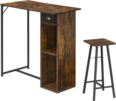 Productafbeelding van Set van 3 barkrukken met een bartafel – Keukentafel met opbergruimte – MDF en metaal – compacte eethoek – Bruin