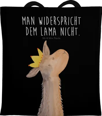 Produktbild von Mr. & Mrs. Panda Shopping Tasche Lamakopf König - Schwarz - Geschenk, Jutebeutel, Mama, Büchertasche, Tragetasche, Lama, Stoffbeutel, Papa, Chef, Lamas, Abitur, Tote Bag