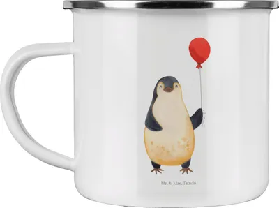 Produktbild von Mr. & Mrs. Panda Teetasse Pinguin Luftballon - Weiß - Geschenk, Geschenkidee, Jahrmarkt, becher emaille, Kirmes, Tasse, Kaffeepott, Teebecher, Glück