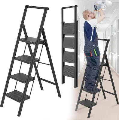 Produktbild von Sessamen-LP Alu Trittleiter 4 Stufen Leiter Klappleiter Tritthocker rutschfeste Stehleiter Treppenleiter Haushaltsleiter(mit Handlauf)