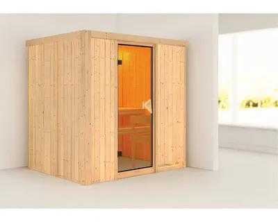 Produktbild von Elementsauna Karibu Bodina ohne Ofen und Dachkranz mit bronzierter Ganzglastüre